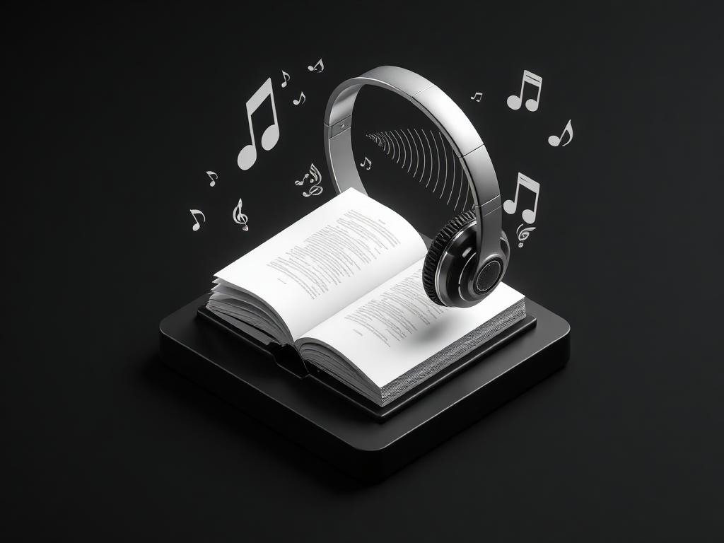 Ilustração em preto e branco de fones de ouvido e livro representando a Quantum Audiobooks
